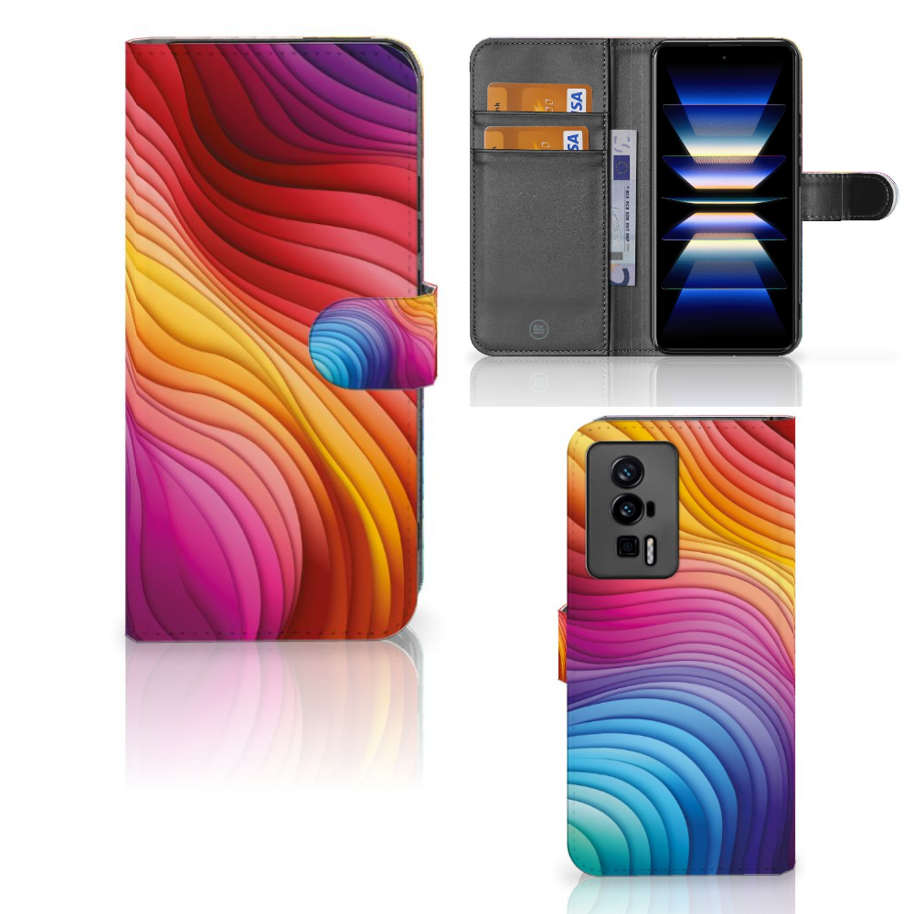 Xiaomi Poco F5 Pro Book Case Regenboog vooraan zijaanzicht