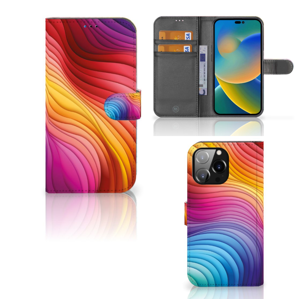 Book Case voor iPhone 14 Pro Max Regenboog met kleurrijk golfdesign đ