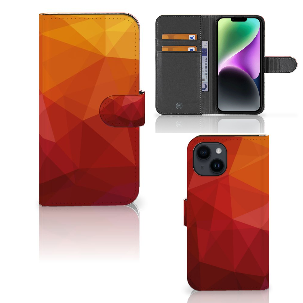 Book Case voor iPhone 15 Polygon Red - Abstract design met verschillende kleuren en ruimte voor pasjes.