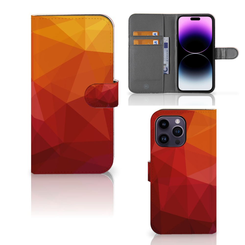 Book Case voor iPhone 15 Pro Max Polygon Red met abstracte vormen en pasjeshouder.