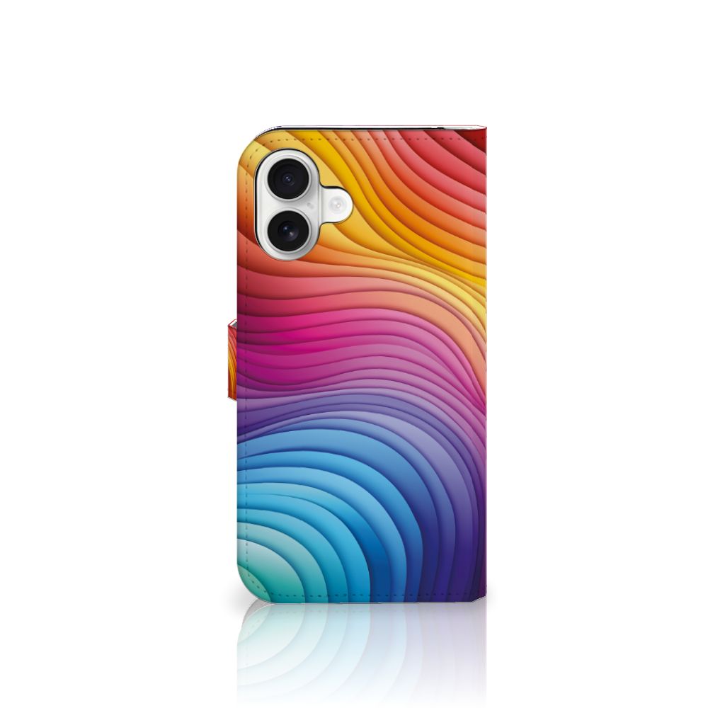 Book Case voor iPhone 16 Plus Regenboog design met golvende kleuren zijaanzicht