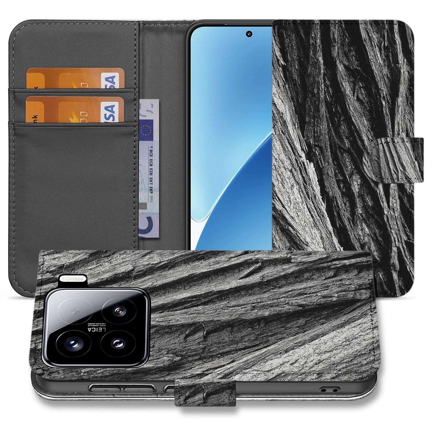 Xiaomi 15 Book Style Case Boomschors Grijs voorkant en binnenkant