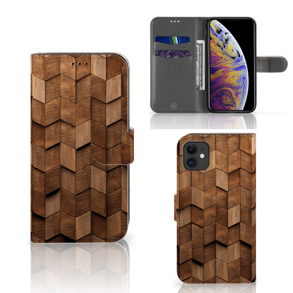 Book Style Case voor Apple iPhone 11 Wooden Cubes - unieke houten hoes met een prachtig design van houten blokken.