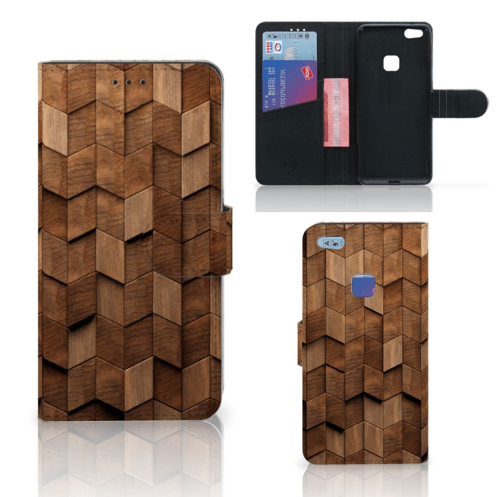 Book Style Case voor Huawei P10 Lite Wooden Cubes met een uniek houten ontwerp, biedt gebruiksgemak en bescherming.