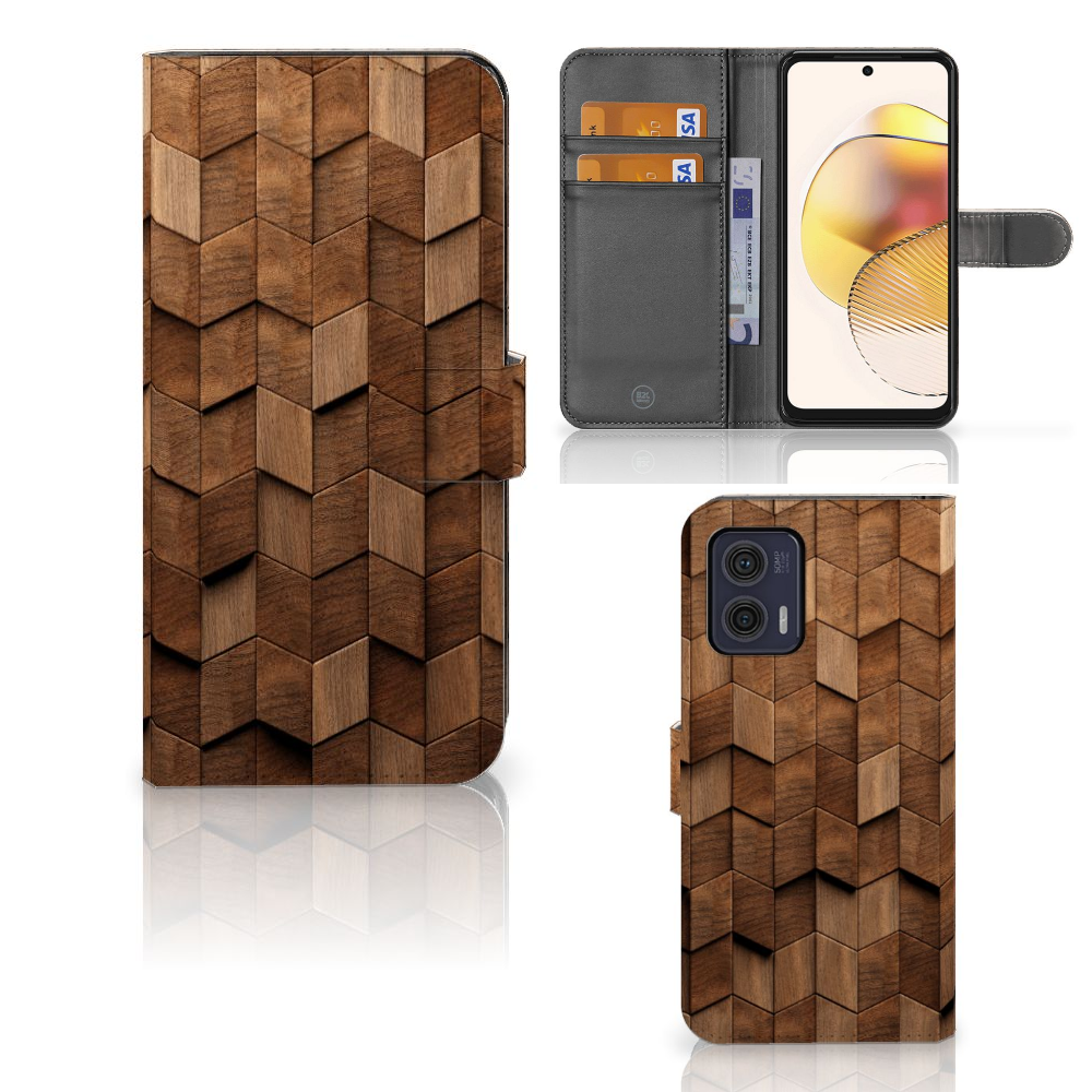 Motorola Moto G73 Book Style Case Wooden Cubes vooraanzicht zijaanzicht binnenkant