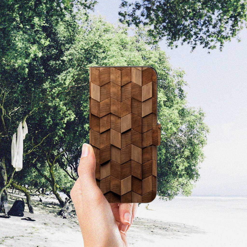 Motorola Moto G73 Book Style Case voor Motorola Moto G73 Wooden Cubes hand natuurlijke achtergrond