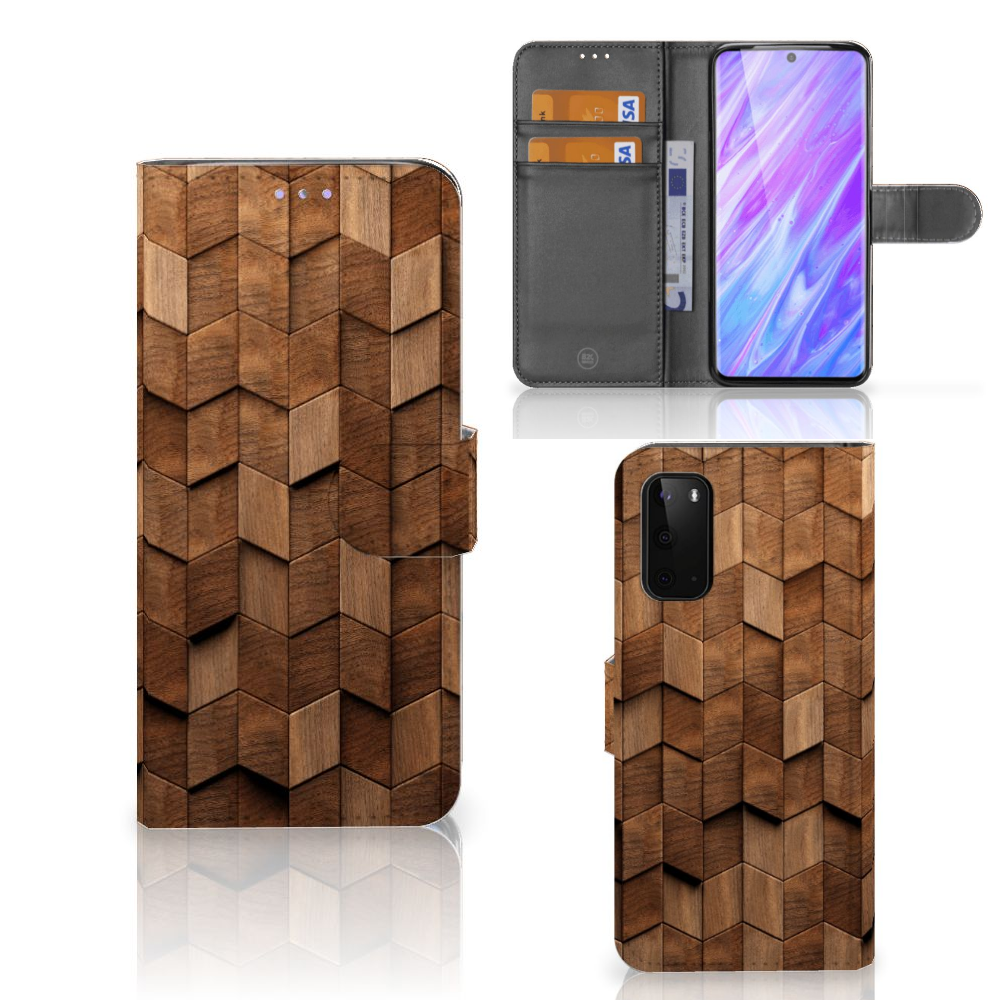 Samsung Galaxy S20 Book Style Case voor Samsung Galaxy S20 Wooden Cubes voorkant achterkant binnenzijde
