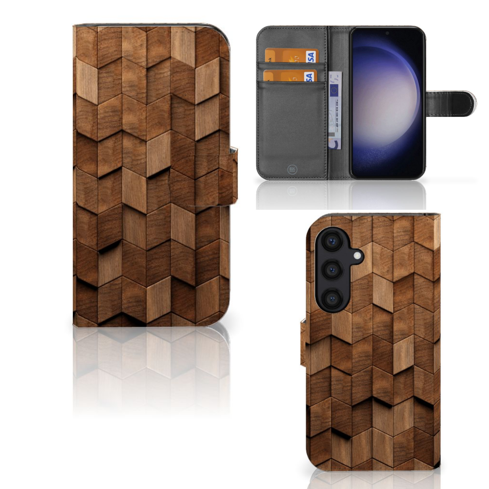 Samsung Galaxy S24 Book Style Case Wooden Cubes voorkant binnenkant zijaanzicht