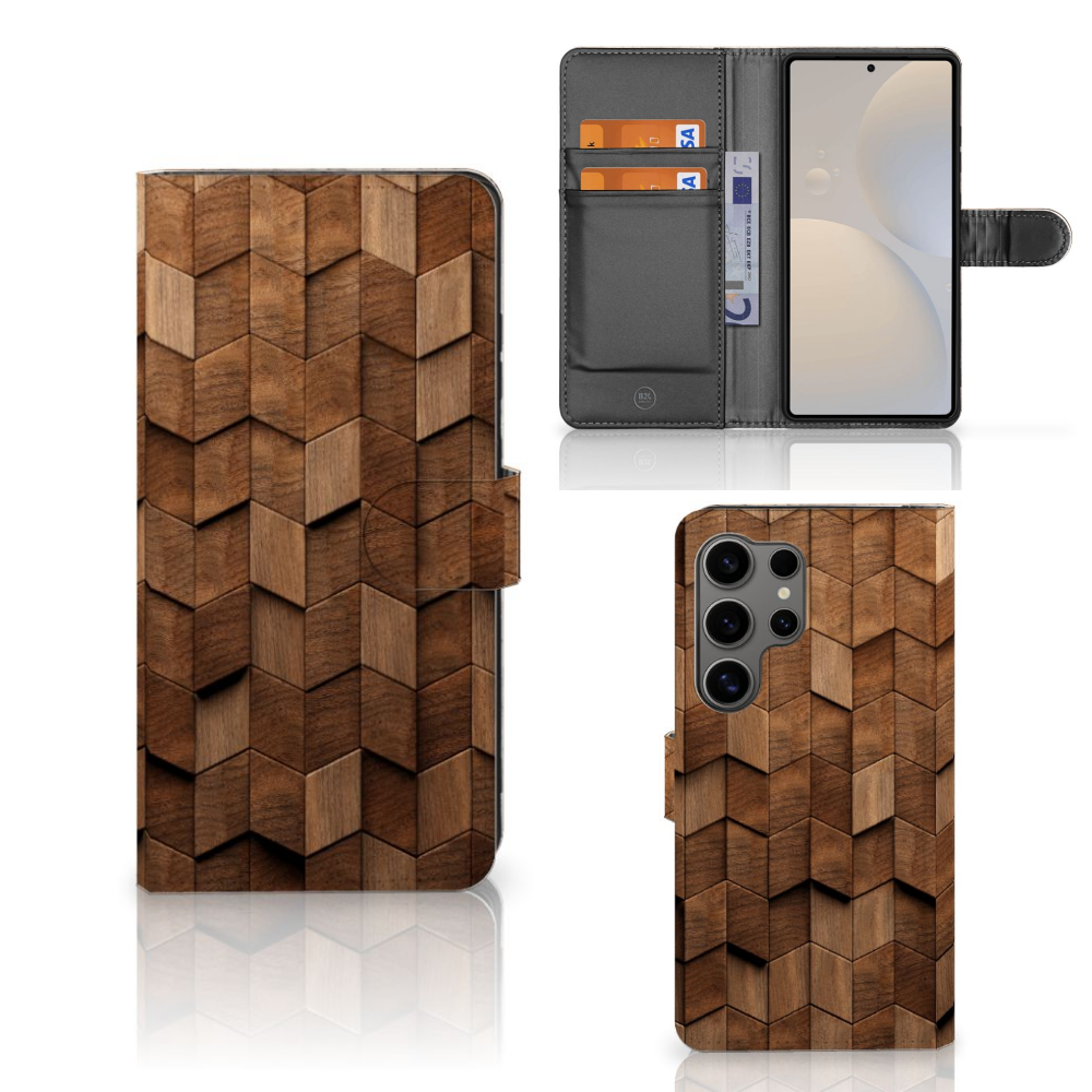 Samsung Galaxy S25 Ultra Book Style Case Wooden Cubes voorkant achterkant binnenzijde