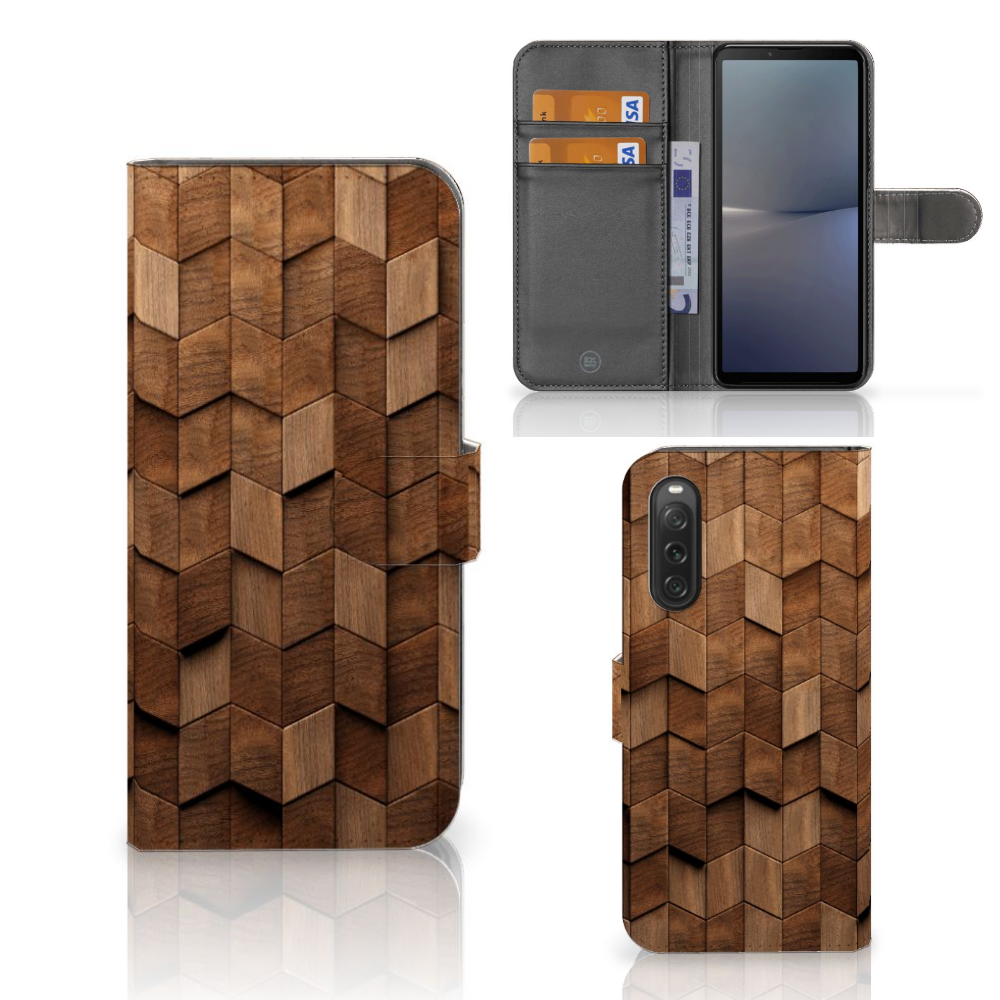 Sony Xperia 10 V Book Style Case voor Sony Xperia 10 V Wooden Cubes design vooraan achteraan