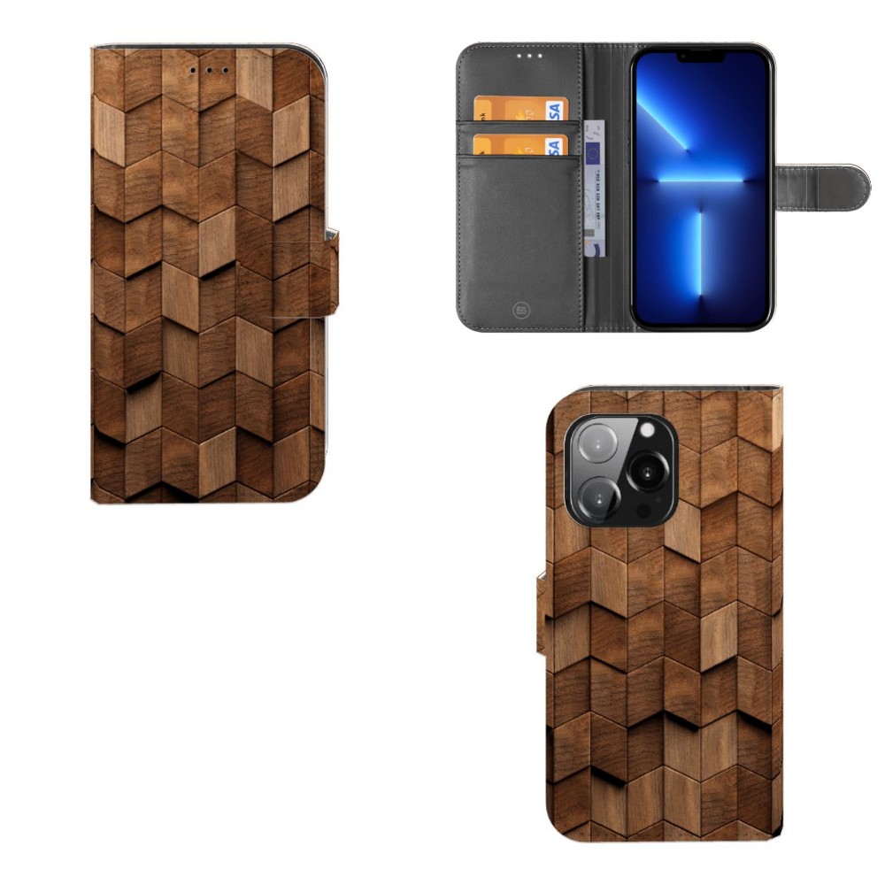 Book Style Case voor iPhone 13 Pro Wooden Cubes hoesje houten cubes ontwerp vooraanzijde zijaanzicht