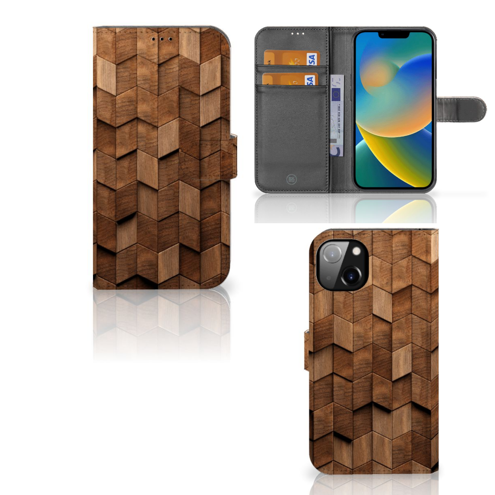 Book Style Case voor iPhone 14 Plus Wooden Cubes met een uniek houten cubedesign.