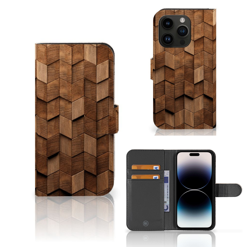 Book Style Case voor iPhone 15 Pro Wooden Cubes design aanzicht