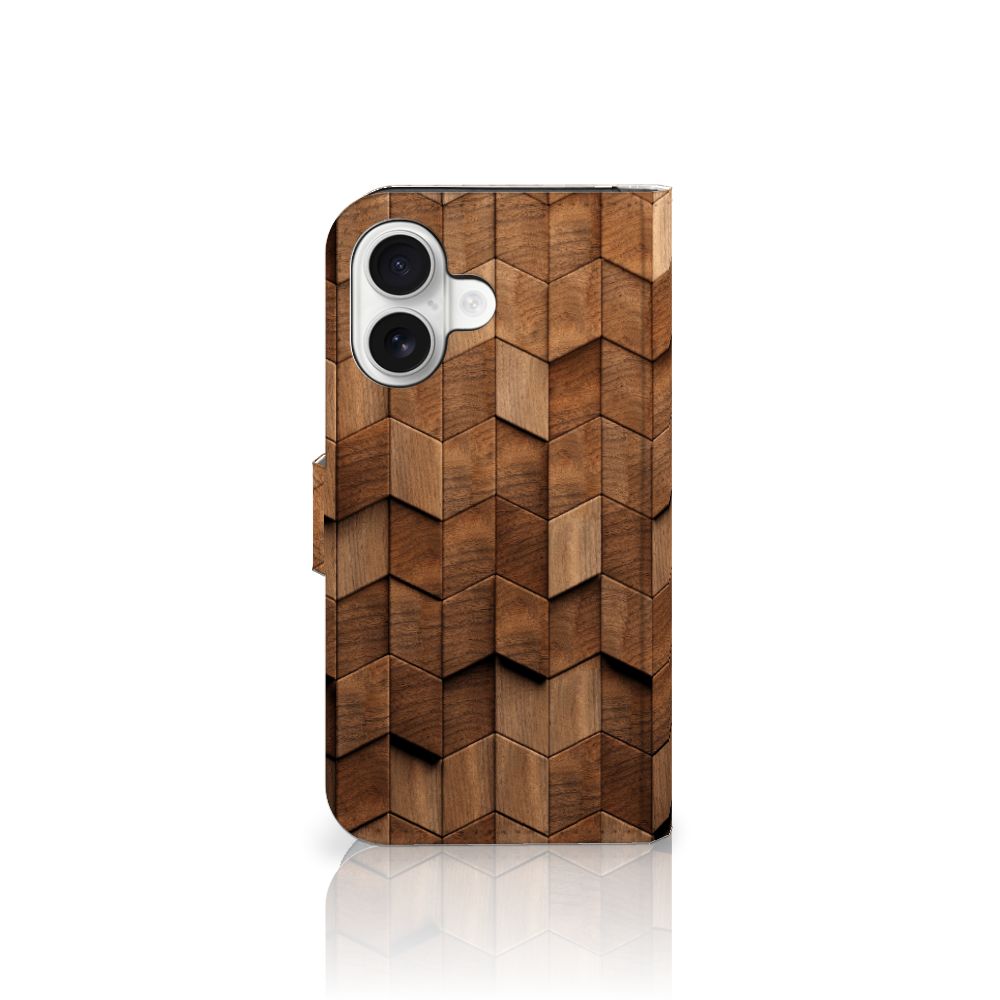 iPhone 16 Book Style Case voor iPhone 16 Wooden Cubes design houten blokken aanzicht