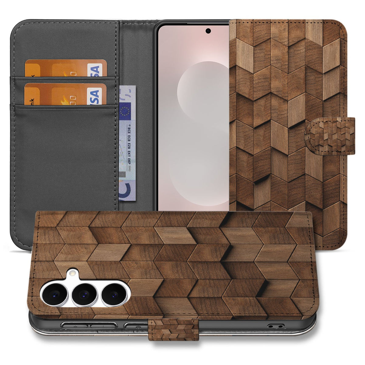 B2Ctelecom Samsung Galaxy S25 FE Book Style Hoes Voor Samsung Galaxy S25 FE Wooden Cubes Houtprint Bruin aanzicht