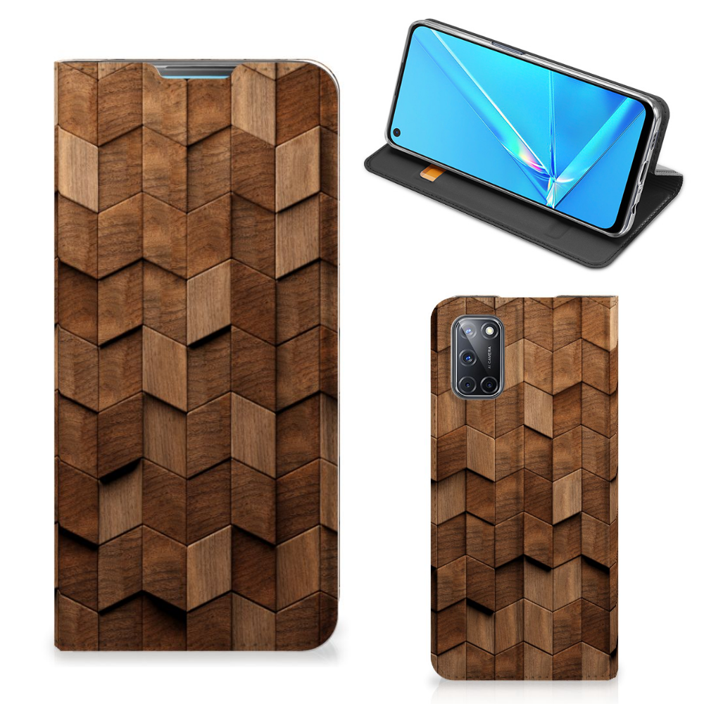 Book Wallet Case voor OPPO A52 | A72 Wooden Cubes met uniek houten design voor gebruiksgemak en bescherming.