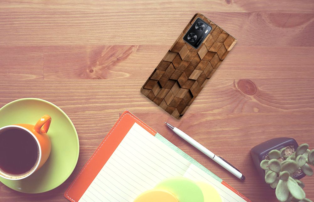 OPPO A57 A57s A77 4G Book Wallet Case Wooden Cubes bovenaanzicht