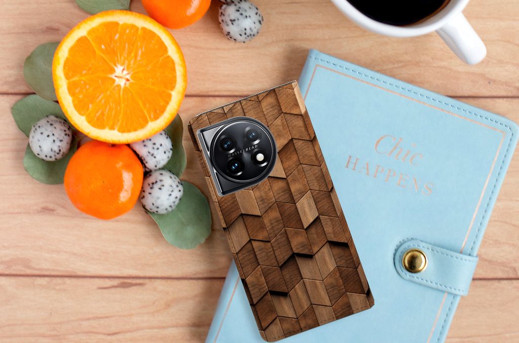 OnePlus 11 Book Wallet Case voor OnePlus 11 Wooden Cubes bovenaanzicht