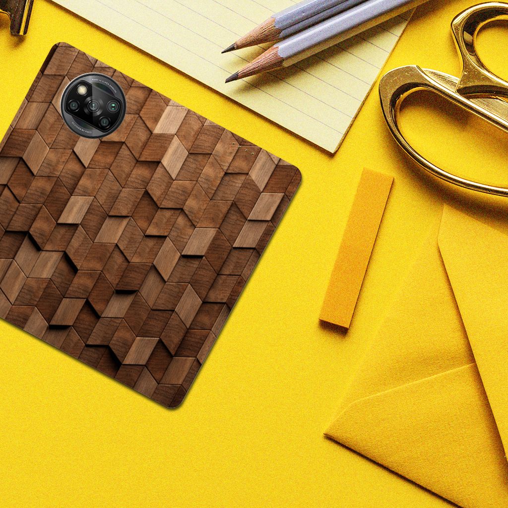 Xiaomi Poco X3 Pro Book Wallet Case Poco X3 Wooden Cubes bovenaanzicht