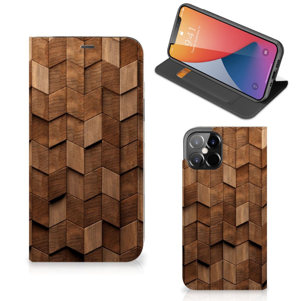 iPhone 12 Pro Max Book Wallet Case Wooden Cubes voorkant achterkant aanzicht