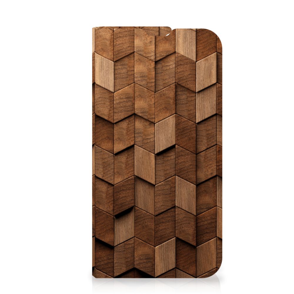 Book Wallet Case voor iPhone 13 Mini Wooden Cubes met een unieke houten print design.