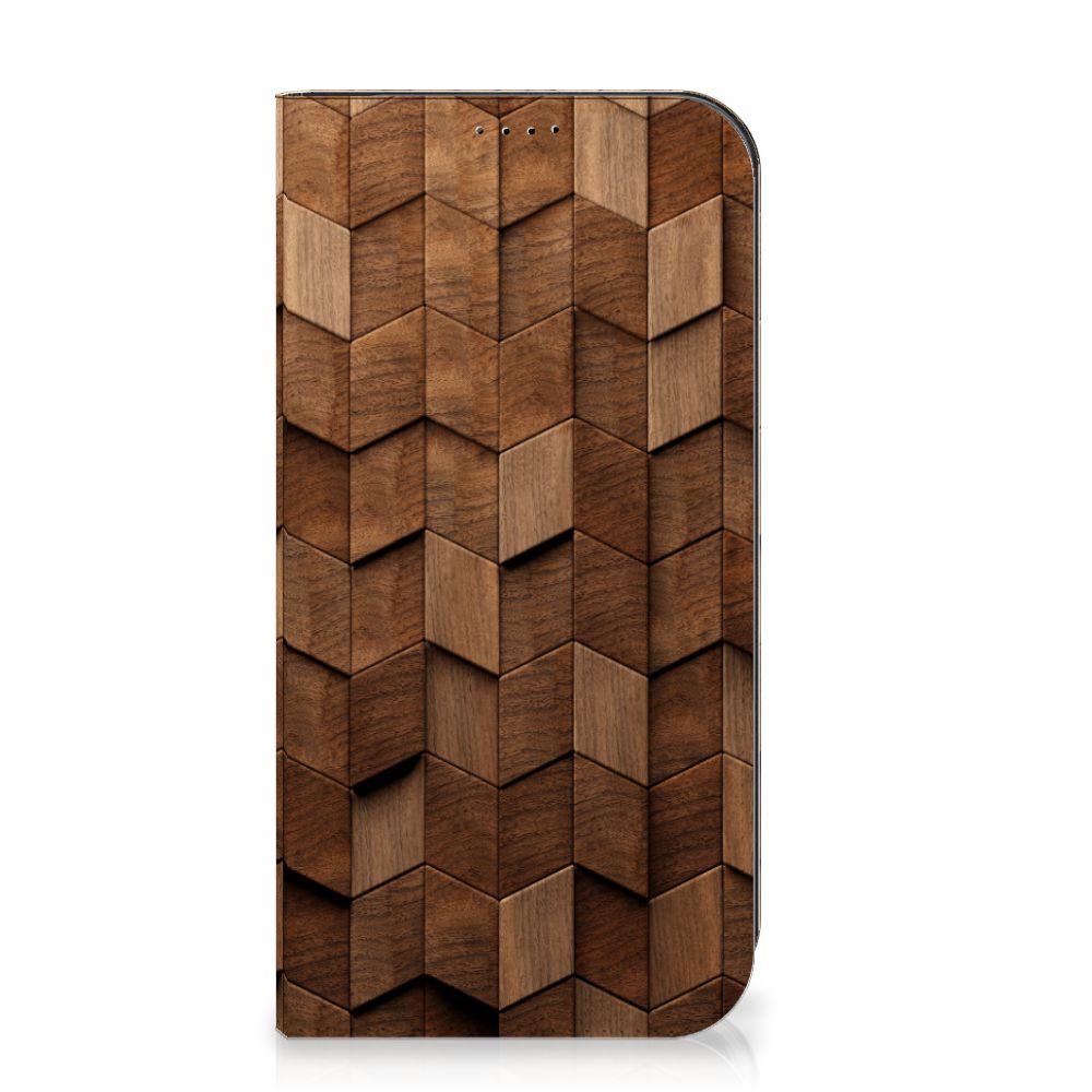 Book Wallet Case voor iPhone 15 Pro Max Wooden Cubes met een uniek houten design van cubes.