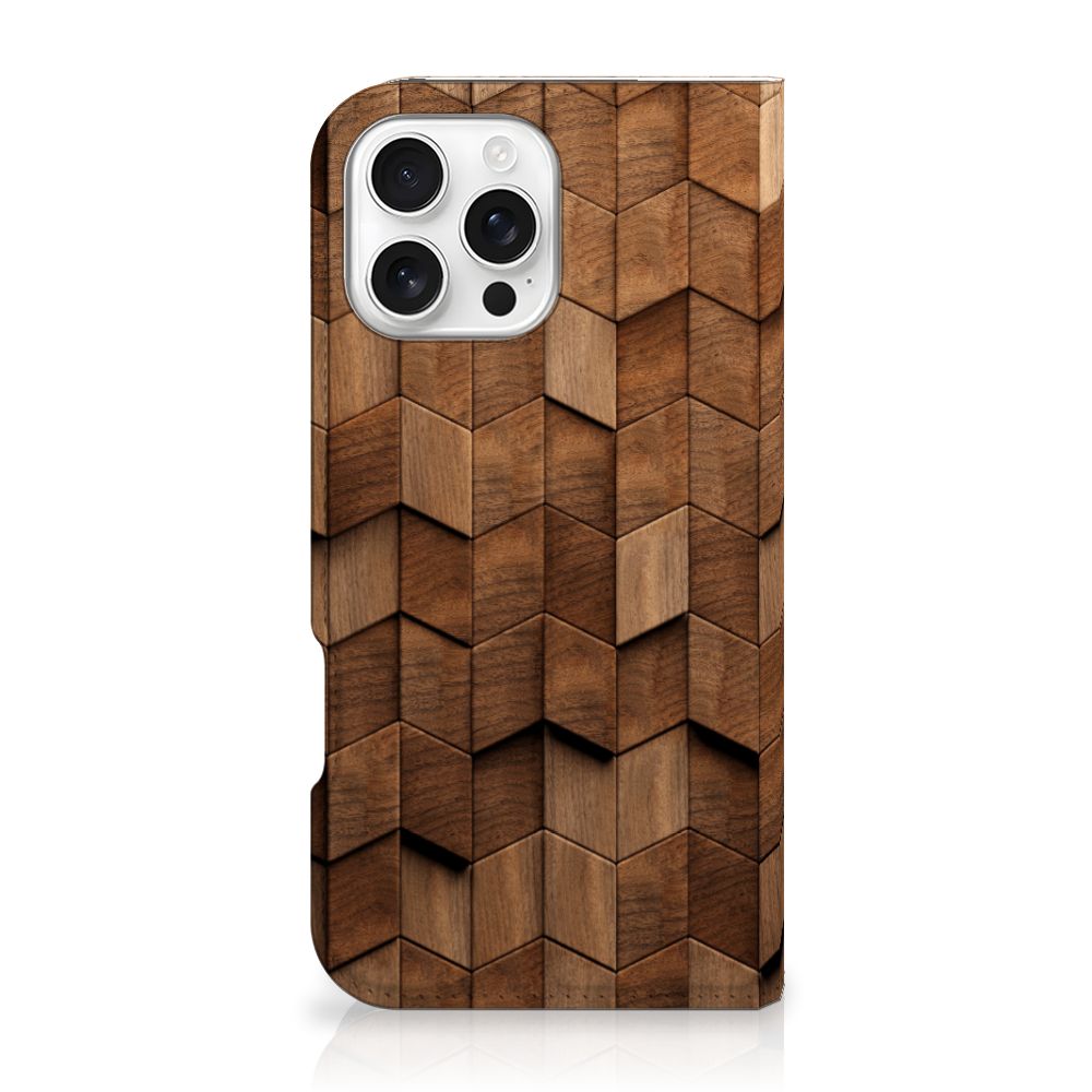 Apple iPhone 16 Pro Max Book Wallet Case Wooden Cubes voorkant