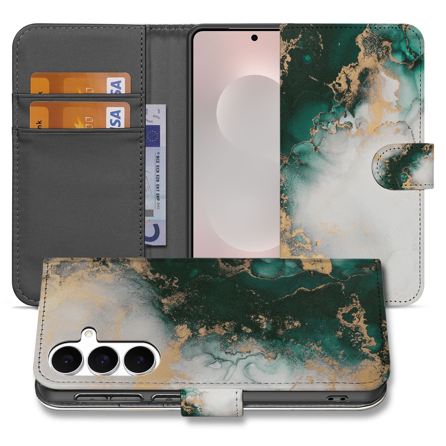 Bookcase Hoes Samsung Galaxy S25 FE Marmer Groen PU Leer 3 Pasjes design marmer aanzicht