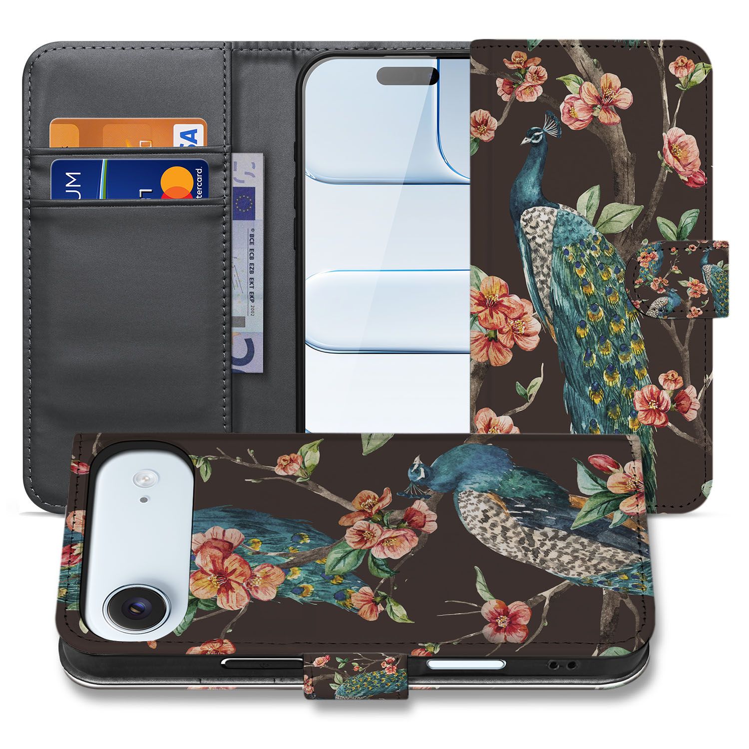 Bookcase Hoesje Apple iPhone Air Pauw met Bloemen case design pauw voorkant