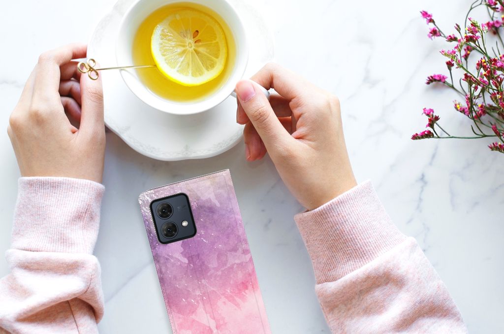 Bookcase Motorola Moto G84 Pink Purple Paint design roze paars aanzicht