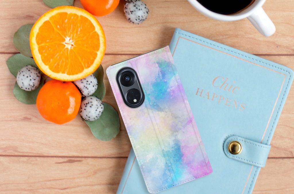Bookcase OPPO Reno8 T 5G Watercolor Light bovenaanzicht telefoonhoesje fruit koffie notitieboek