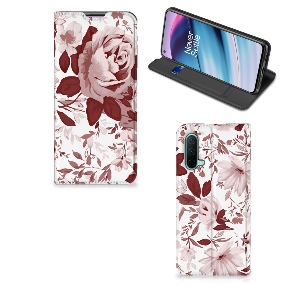 OnePlus Nord CE 5G Bookcase Watercolor Flowers hoesje bloemen aanzicht