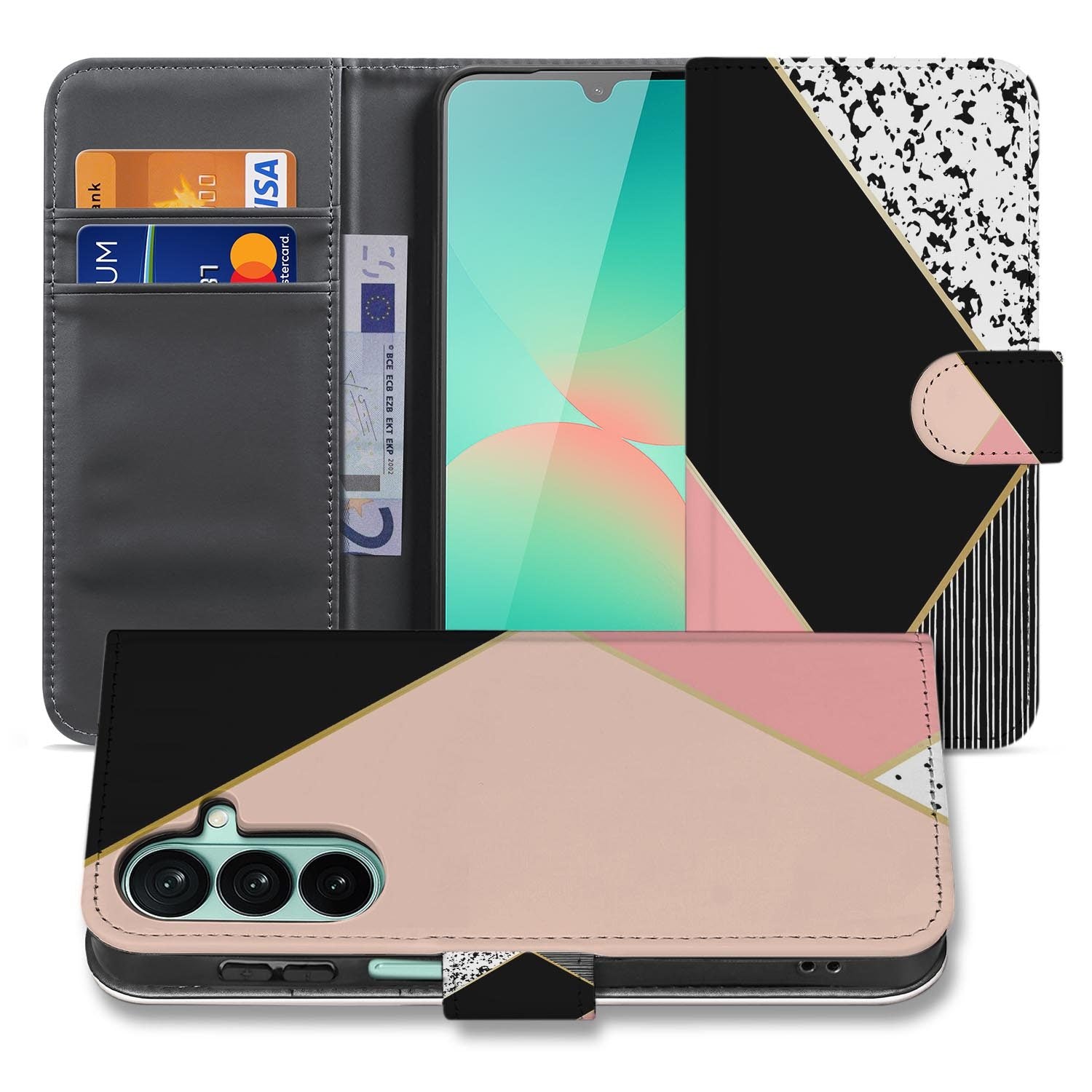 Samsung Galaxy A27 bookcase Black Pink Shapes, voorkant met gesloten klep