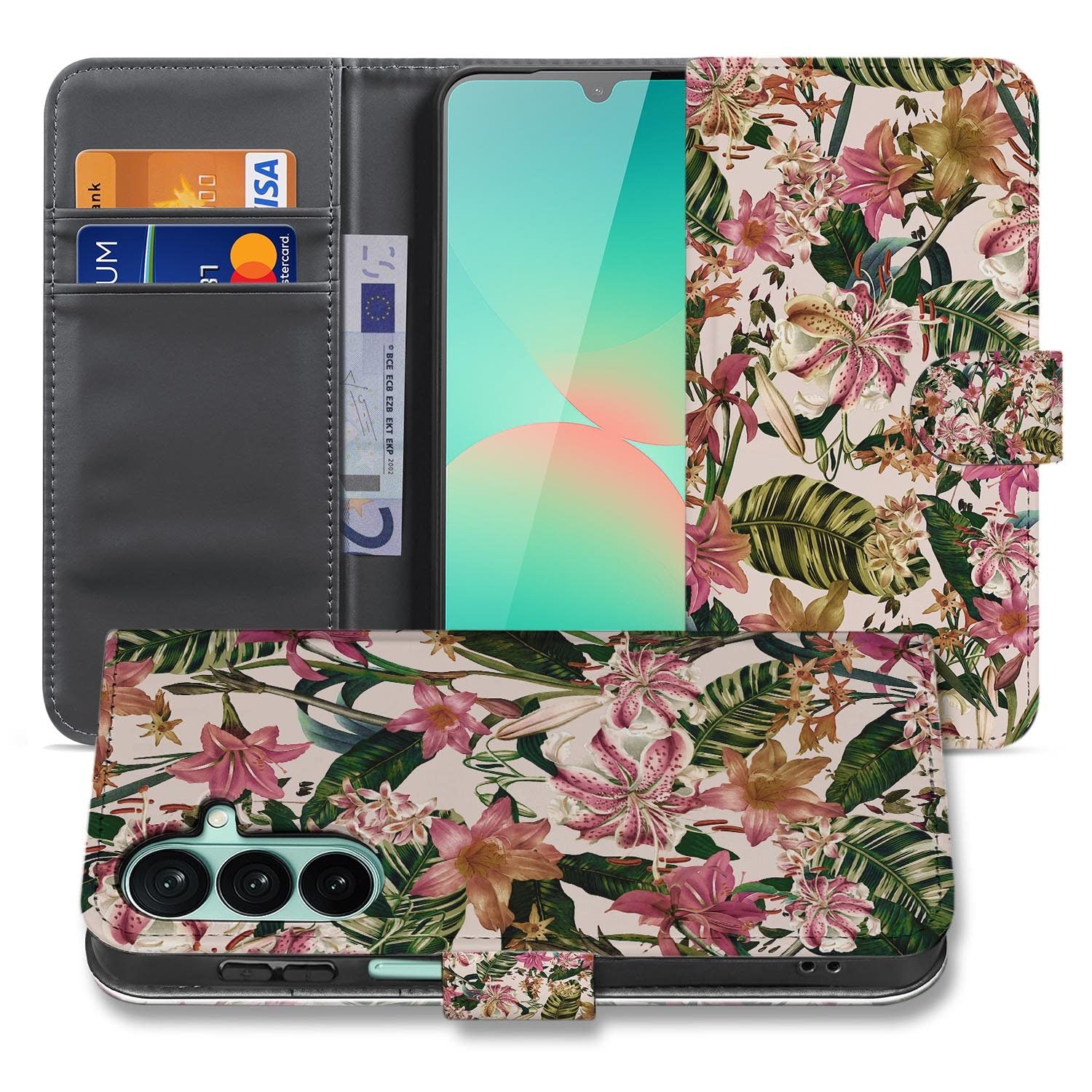 Samsung Galaxy A27 bookcase Flowers, voorkant met gesloten klep
