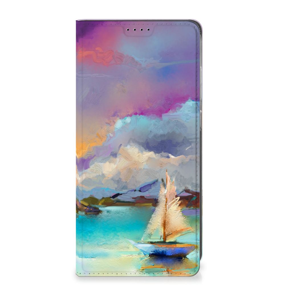 Bookcase Samsung Galaxy S25 Plus Boat hoesje schilderij boot meer blauw paars