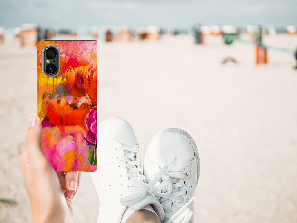 Bookcase Sony Xperia 5 V Tulips telefoonhoesje kleurrijk design hand zomerse achtergrond