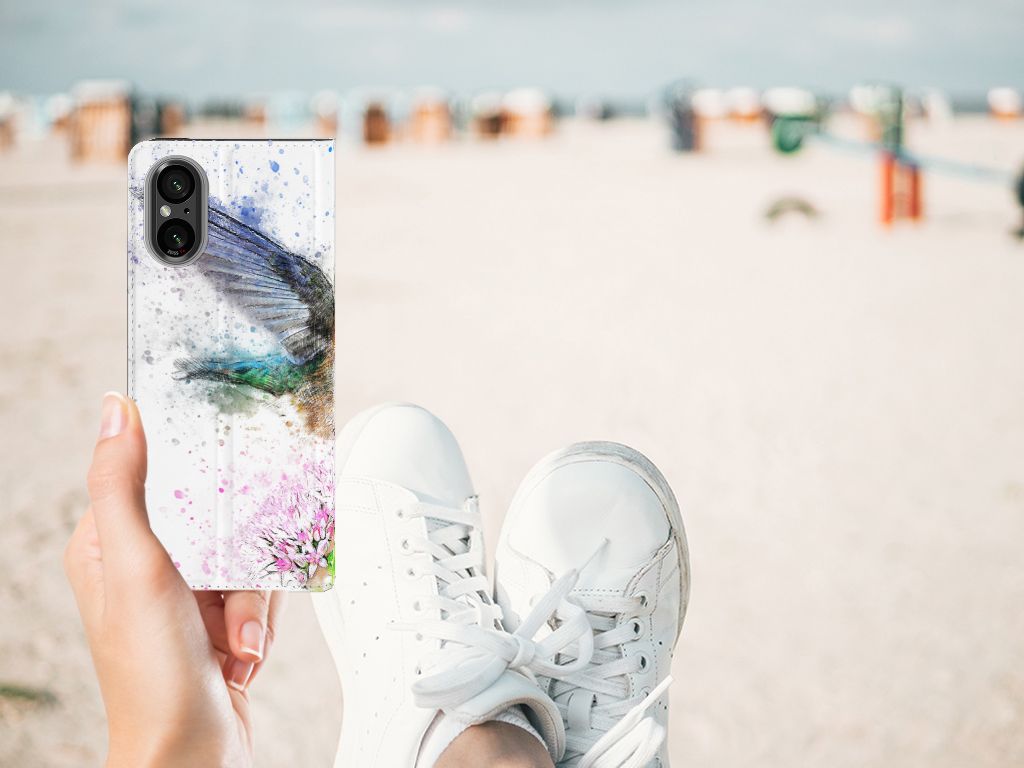 Bookcase Sony Xperia 5 V Vogel smartphone case design vogel bloemen aanzicht