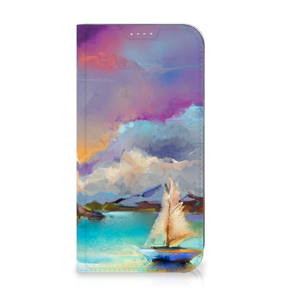 Bookcase iPhone 15 Plus Boat - kleurrijk ontwerp van een zeilboot op een meer met abstracte tinten blauw en paars.