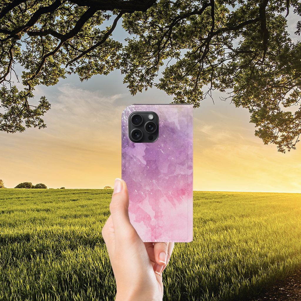 B2C Telecom iPhone 15 Pro Max Bookcase Pink Purple Paint handzon