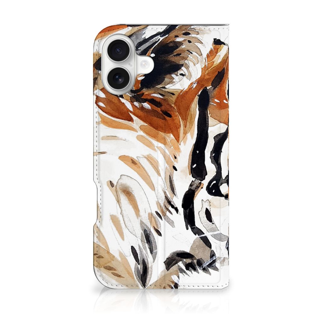 Bookcase iPhone 16 Plus Watercolor Tiger tijger inkt tekeningen detail voorkant