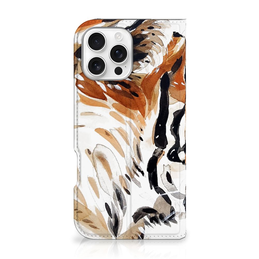 Bookcase iPhone 16 Pro Max Watercolor Tiger tijger ontwerp voorkant