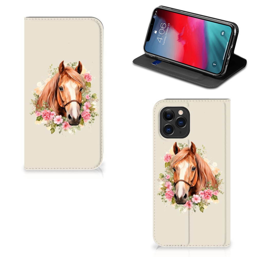 Bookcase voor Apple iPhone 11 Pro Max Watercolor Paars met een prachtig paardenontwerp đ¸