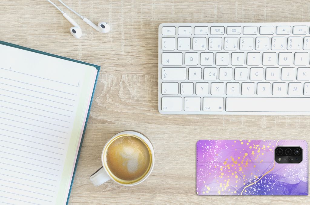 OPPO A54 5G A74 5G A93 5G Bookcase Watercolor Paars bovenaanzicht bureau