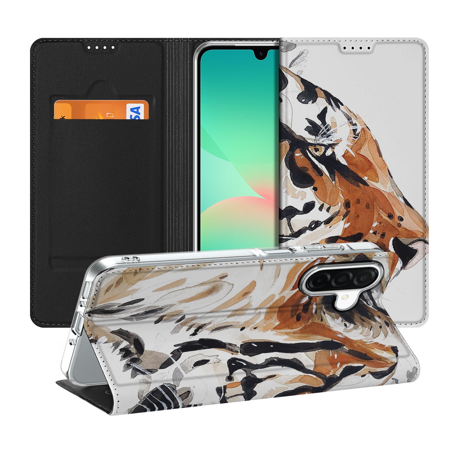 Samsung Galaxy A26 Bookcase Watercolor Tiger vooraanzicht binnenzijde