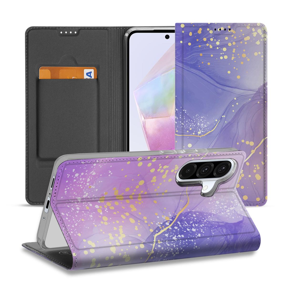 Bookcase voor Samsung Galaxy A56 | A36 Watercolor Paars bookcase design voorkant achterzijde