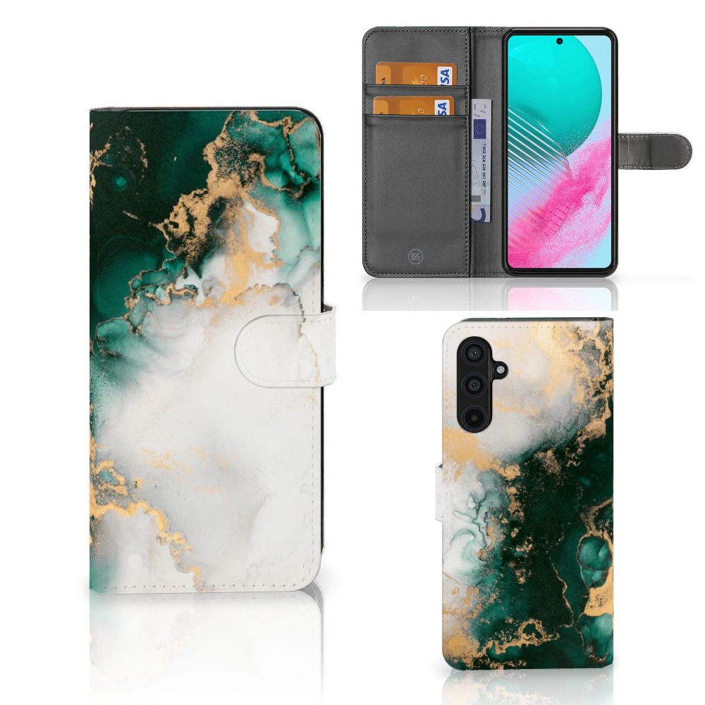 Bookcase voor Samsung Galaxy M54 Marmer Groen design met gouden accenten voor stijl en bescherming 💚.