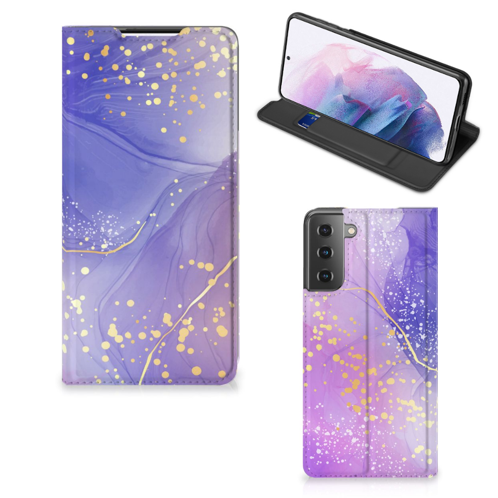 Samsung Galaxy S21 Plus Bookcase Watercolor Paars vooraanzicht zijaanzicht stand