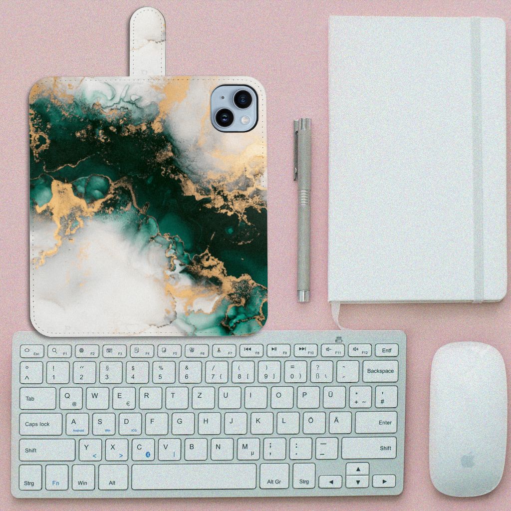 Bookcase voor iPhone 15 Plus Marmer Groen met elegant design en luxe afwerking đą