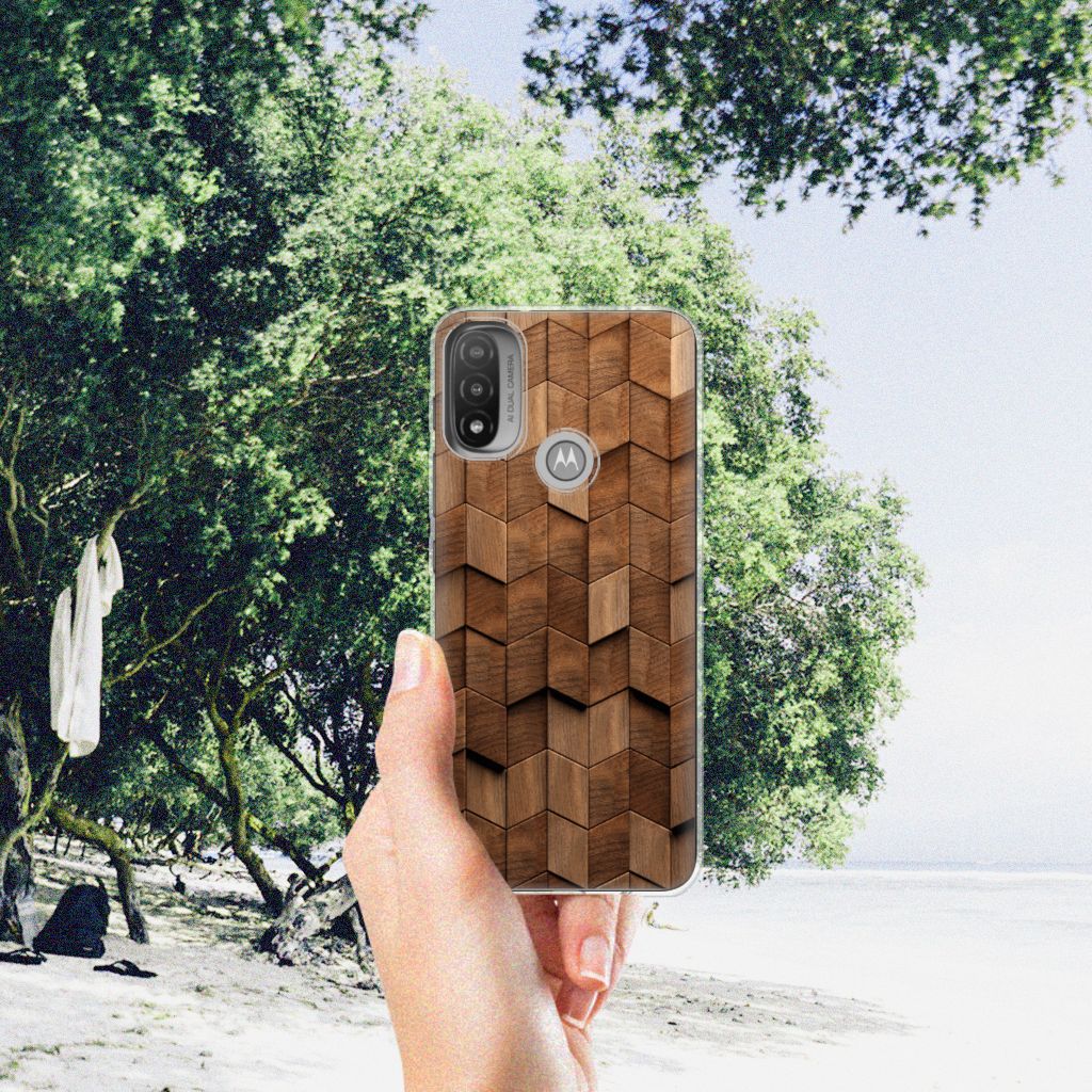 Bumper Hoesje voor Motorola Moto E20 | E40 Wooden Cubes B2C Telecom