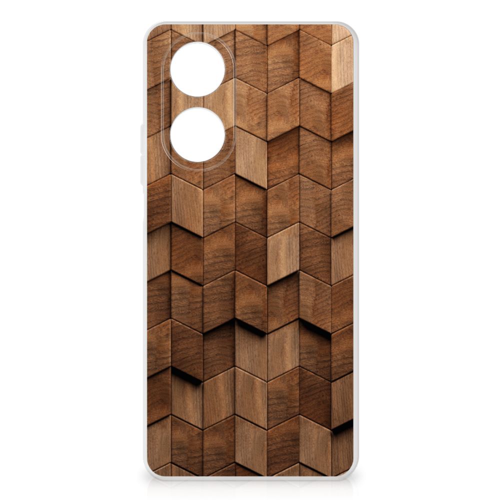 Bumper Hoesje voor OPPO A58 4G Wooden Cubes met uniek houten patroon voor bescherming en uitstraling.